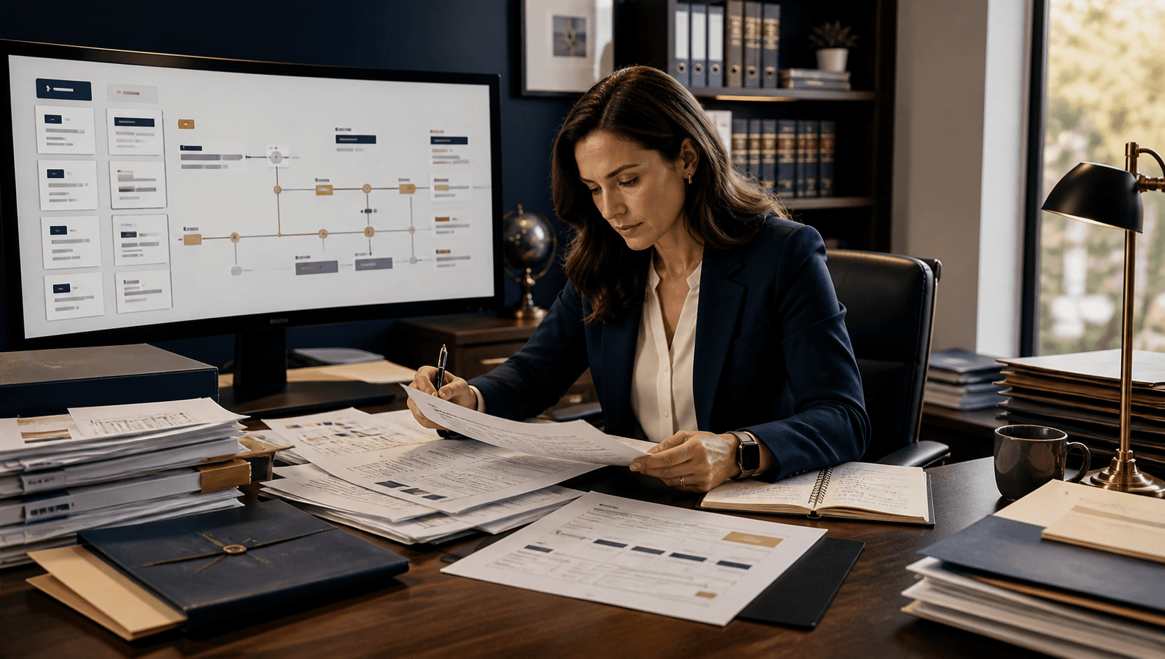 Attorney reviewing a source-cited clarity report with a case timeline