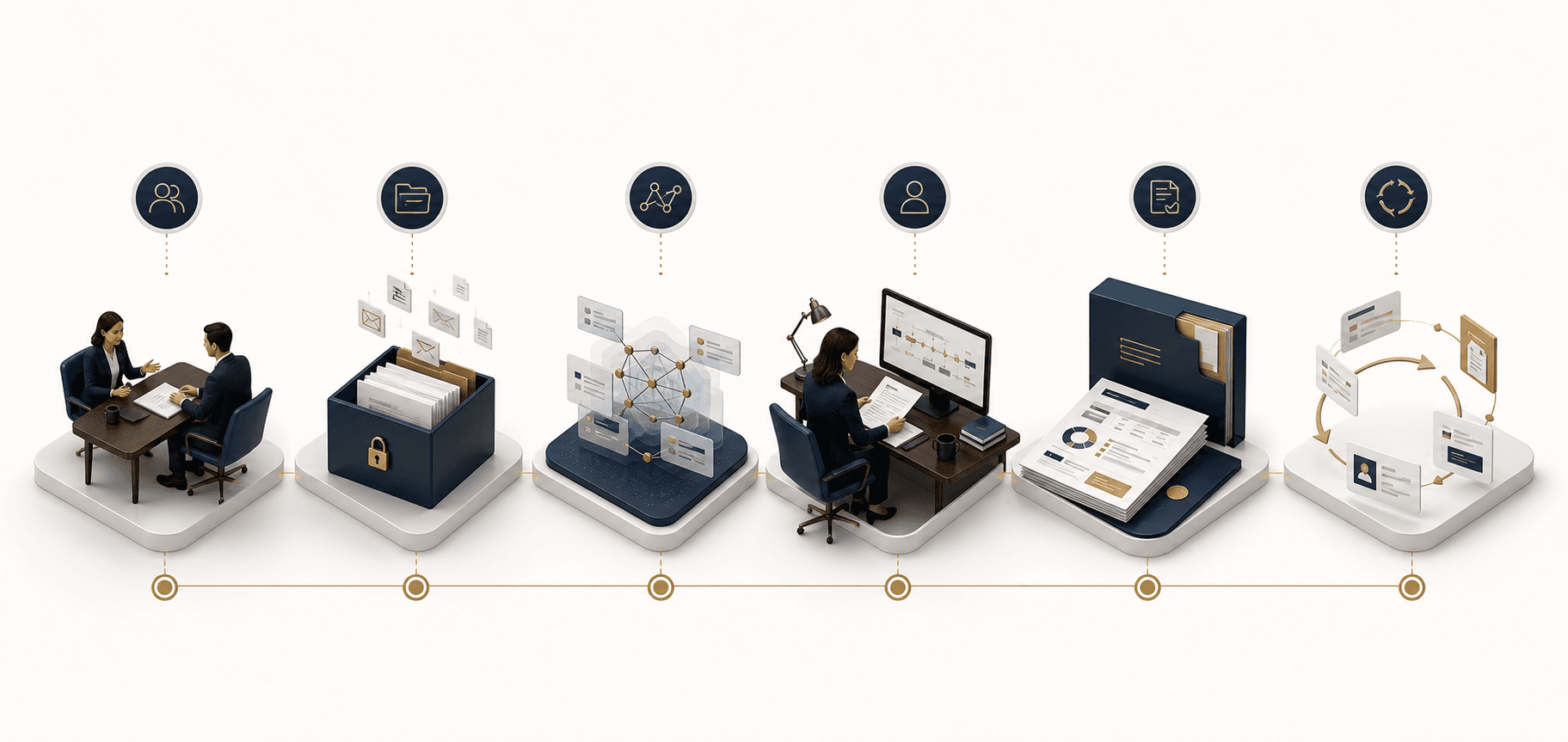 The six-step VeritasIQ concierge process: consultation, secure intake, AI-assisted digestion, human review, clarity package delivery, and follow-on analysis.